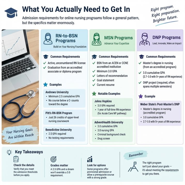 Admission requirements for online nursing programs including RN-to-BSN, MSN, and DNP degrees
